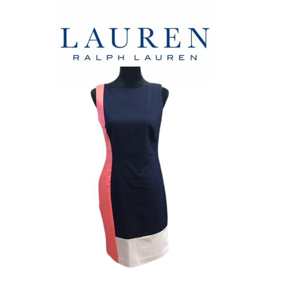 LAUREN Ralph Lauren Women's Colorblock Navy Sleeveless Sheath Dress Size 4 - Picture 9 of 10